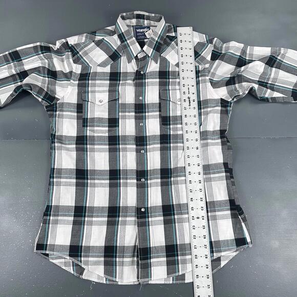 VTG Wrangler Shirt Men Large White Black Turquoise Plaid Pearl Snap USA Made 90s - Picture 6 of 8